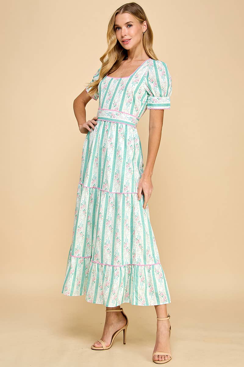 Pastel Floral Stripe Puff Sleeve Midi Dress