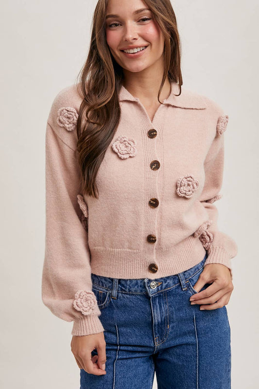 FLORAL EMBROIDERY BUTTON DOWN COLLAR KNIT CARDIGAN