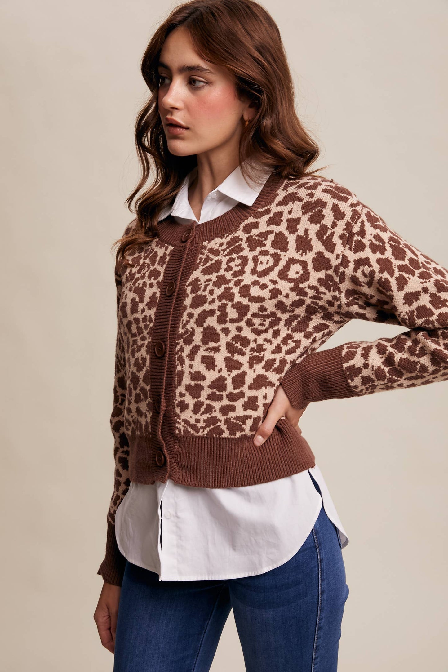 Leopard Knit Button-Up Cardigan