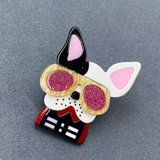 Dog with Glasses Acrylic Brooch