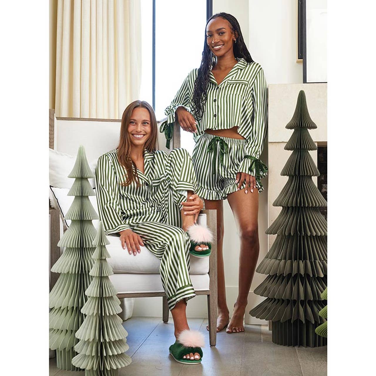 LAST CHANCE - Green Stripe Velvet Trim Pajama Set – Button Up Top & Shorts