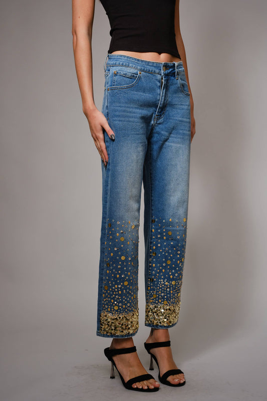 91499P - Gold Sequin Straight Leg Jeans