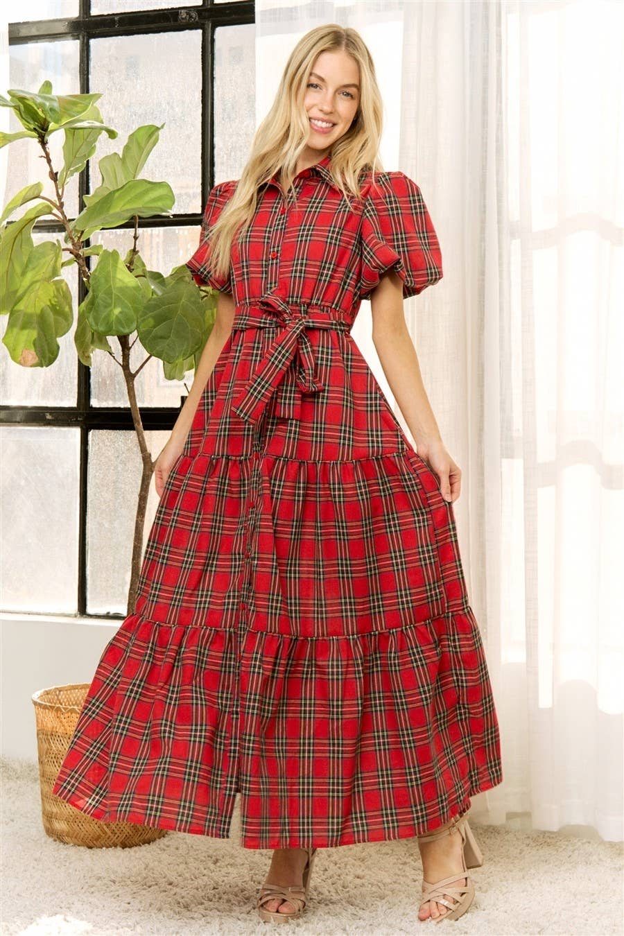 HOLIDAY PLAID SHIRT TIERED MAXI DRESS