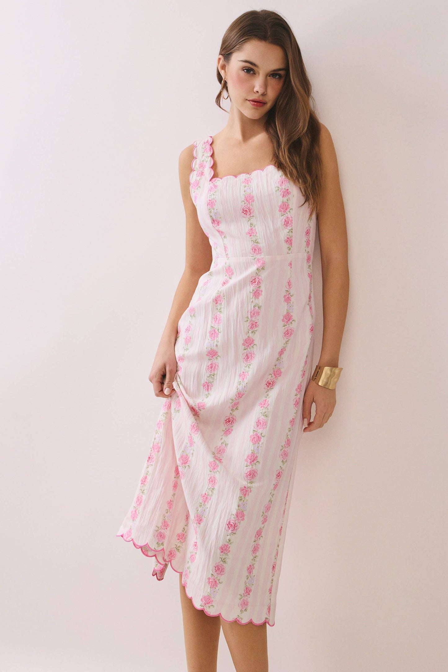 Pink Floral Stripe Scalloped Midi Dress