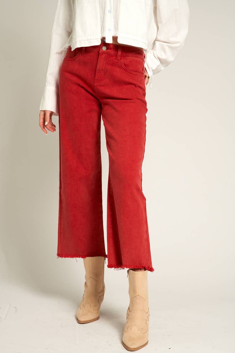 Red Cropped Frayed Hem Jeans
