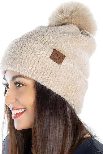 Women's Chenille Winter Pom Beanie - Beige