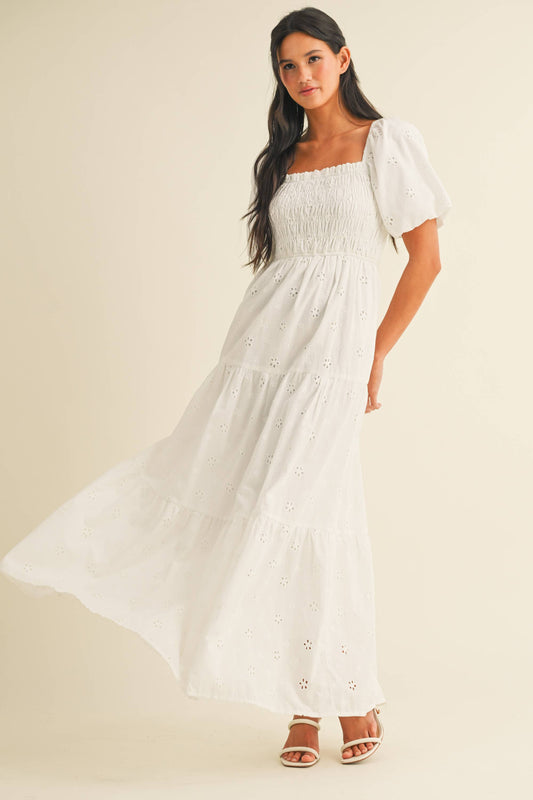 ID8852 EYELET PUFF SLEEVES MIDI DRESS WITH SMOCKING