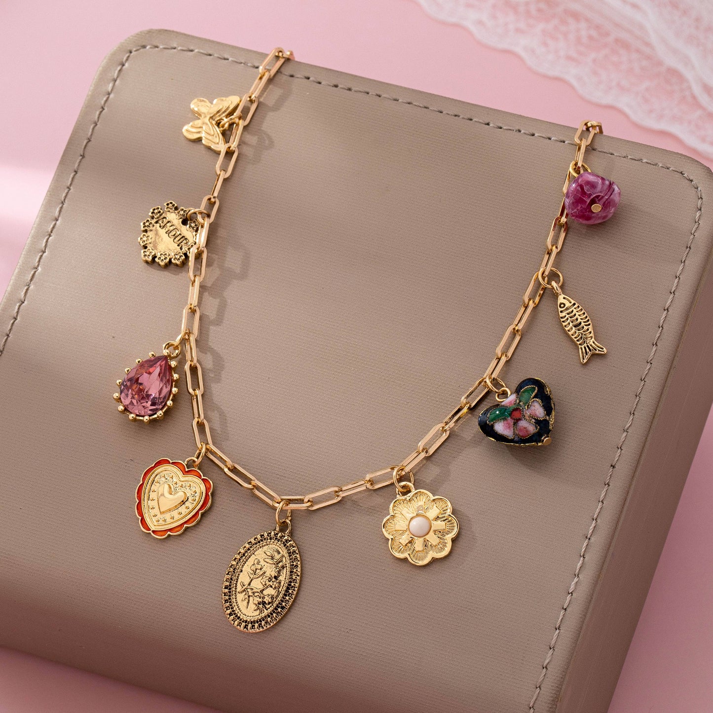 Heart Cloisonne Multi-Charm Necklace - Gold Paperclip Chain