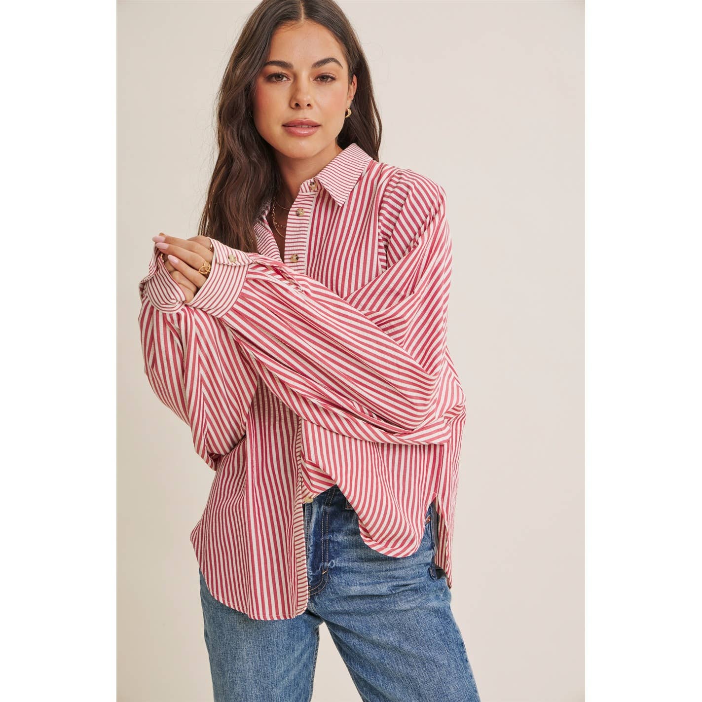 FRENCH CAFE EFFORTLESS DRAPE BATWING BUTTON-DOWN SHIRT