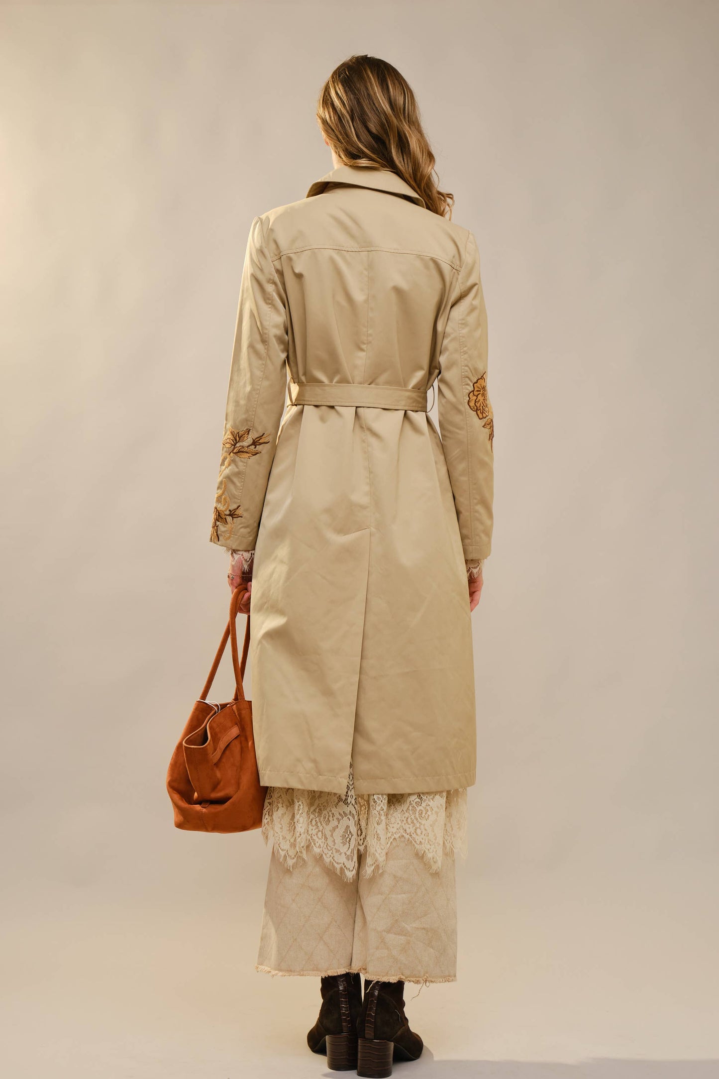 Floral Embroidered Double Breasted Belted Trench Coat