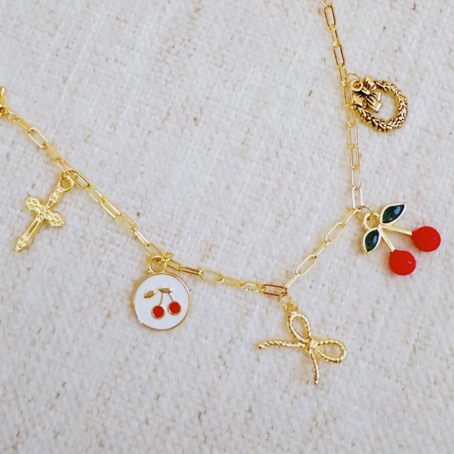 Cherry Chic Charm Bracelet – Bow, Cross & More