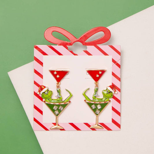 Green Christmas Character Martini Earrings