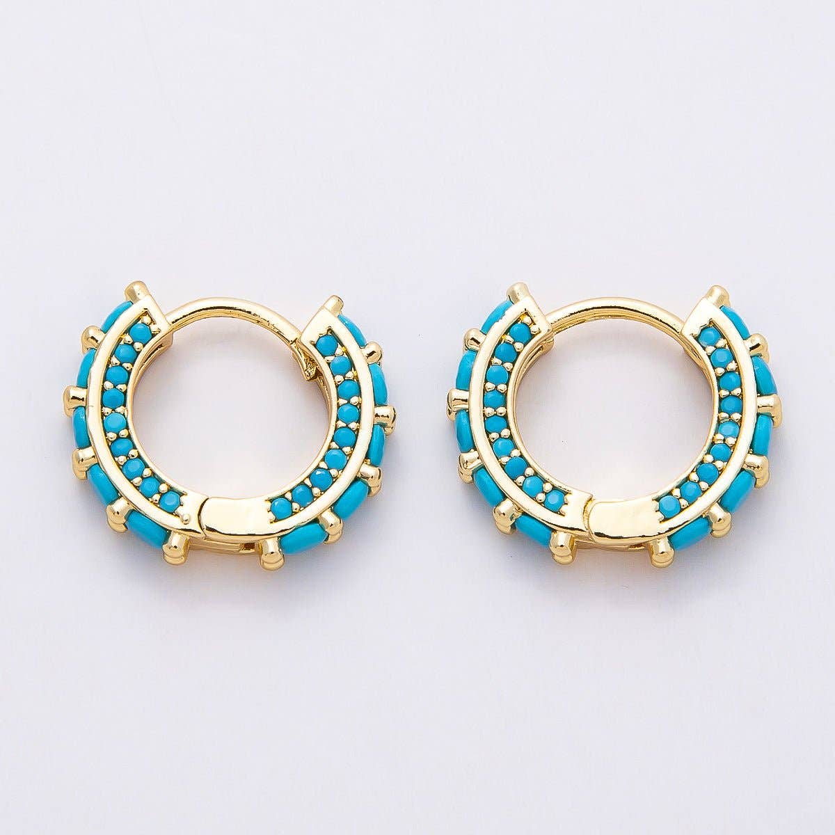 Turquoise Micro Paved Round Huggie Earrings