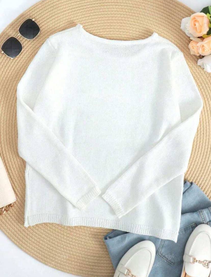 "BEACH" Round Neck Cutout Knitted Top