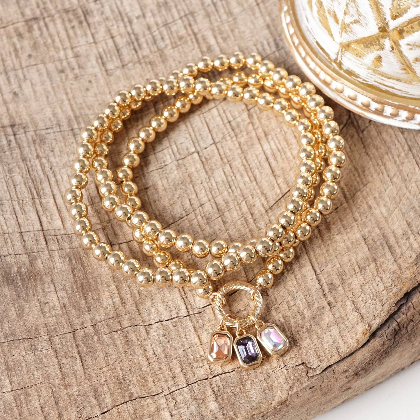 Golden Bead Stretch Bracelet Stack with Baguette Crystals - Set of 3