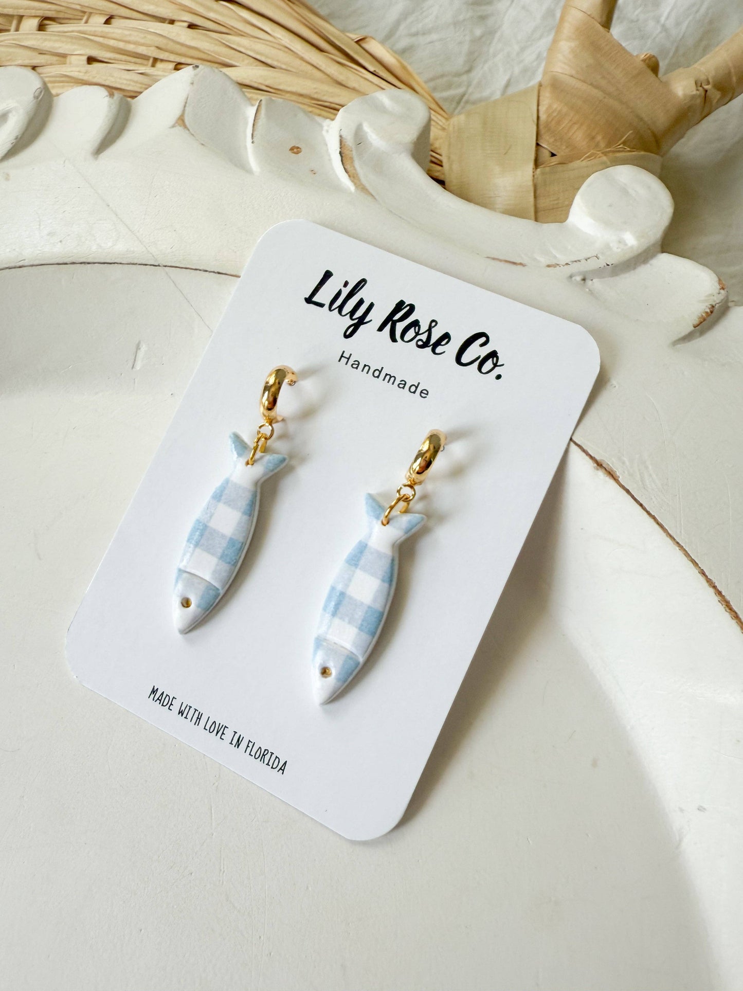 Blue gingham fish drop earrings with gold-tone hoops