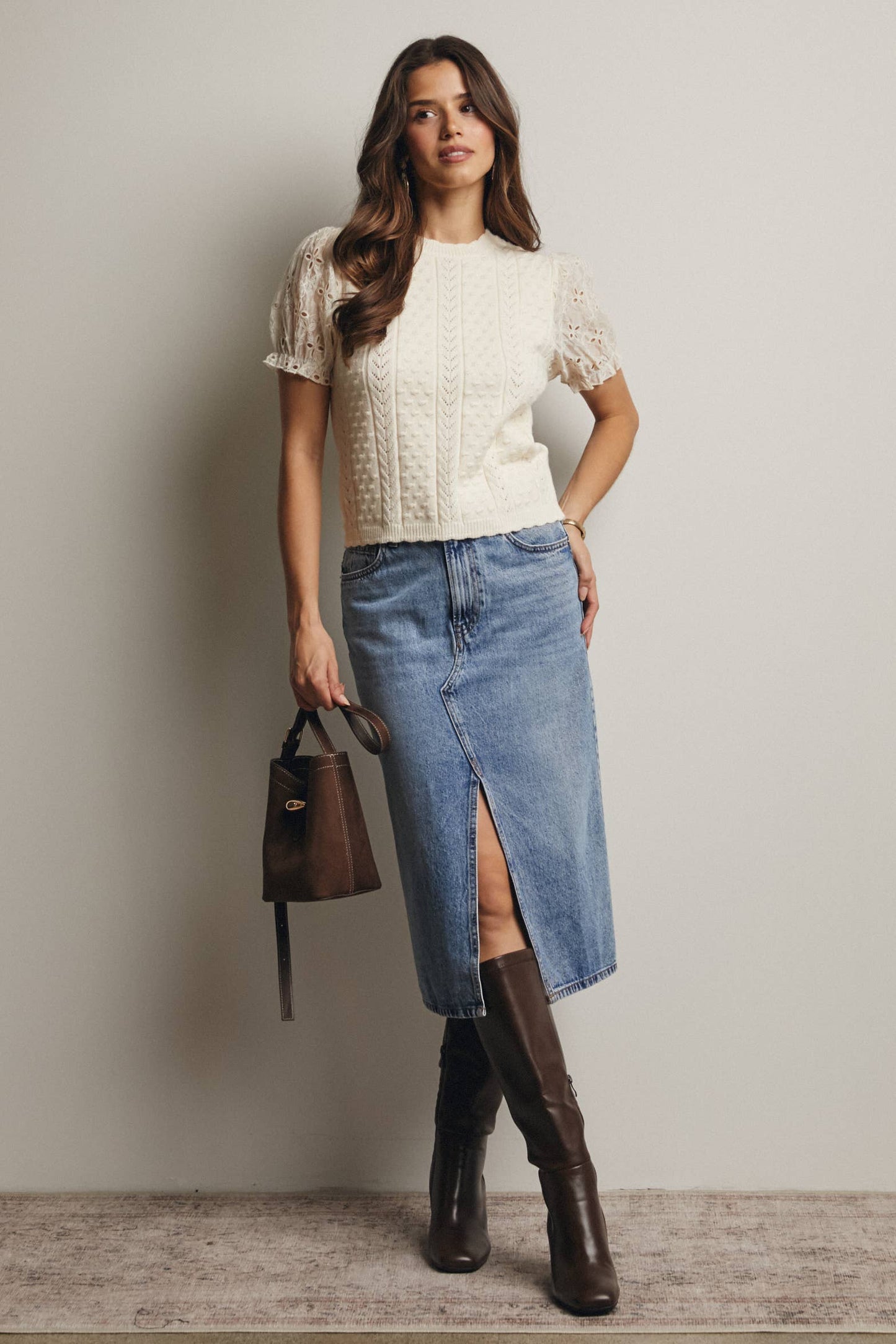 Lace Puff Sleeve Knit Top