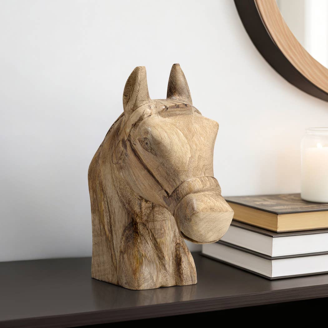 Wood Modern Carved Horse Head Figurine - Brown, 10 in.