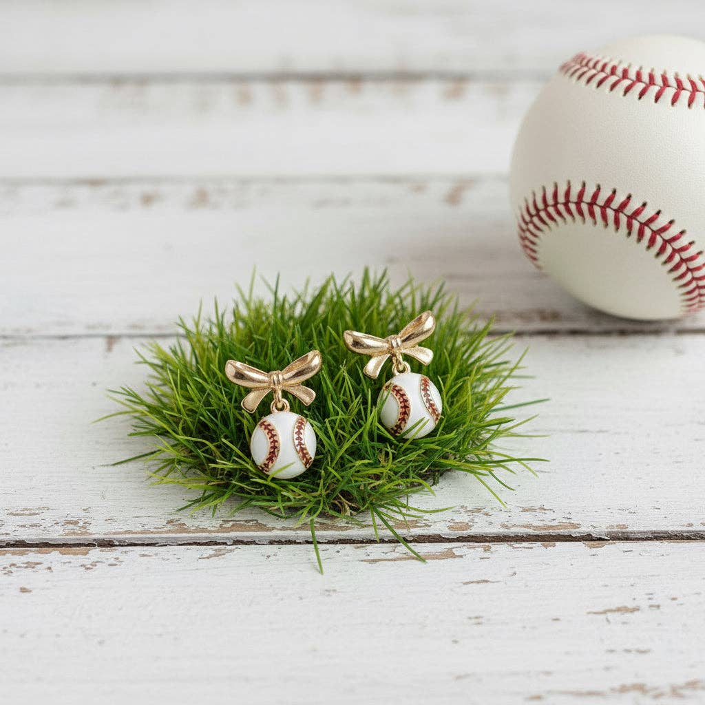 Baseball & Gold Bows Earrings