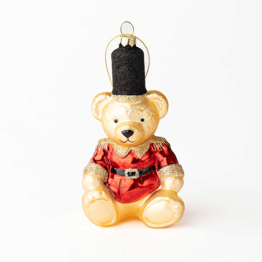 Red Jacket Teddy Bear Glass Christmas Ornament