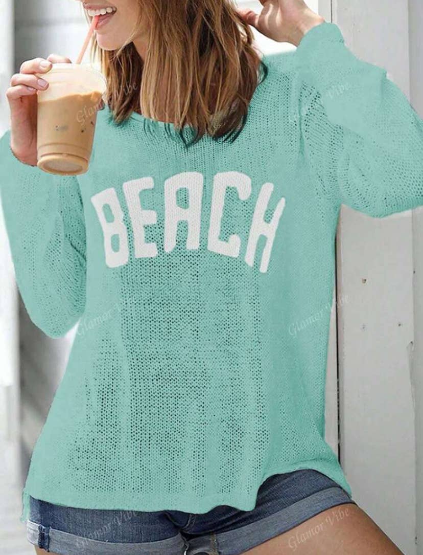 "BEACH" Round Neck Cutout Knitted Top