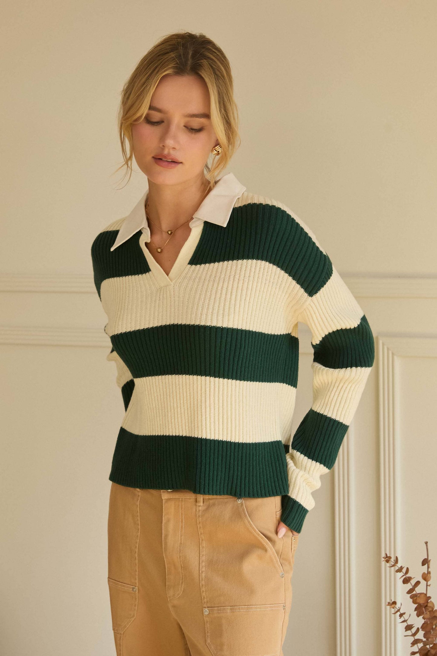 Striped Ribbed Knit Polo Shirt