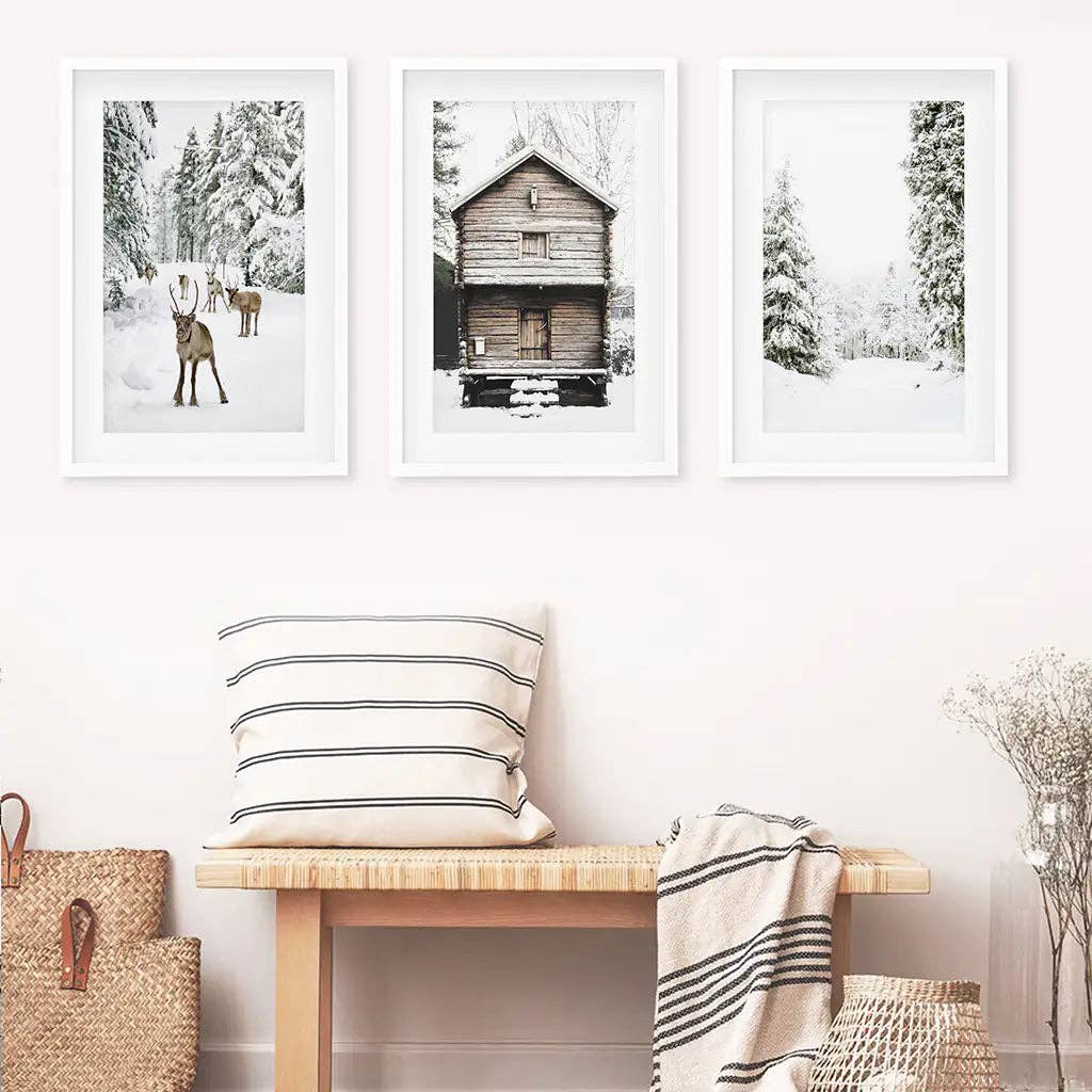 Winter Landscape Wall Art Print. Deer, Log Cabin, Forest
