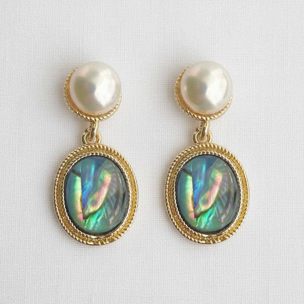 Retro Freshwater Pearl and Abalone Drop Earrings