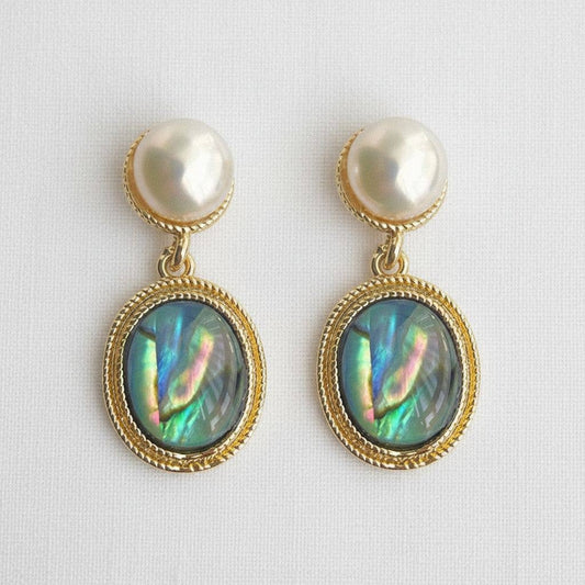 Retro Freshwater Pearl and Abalone Drop Earrings