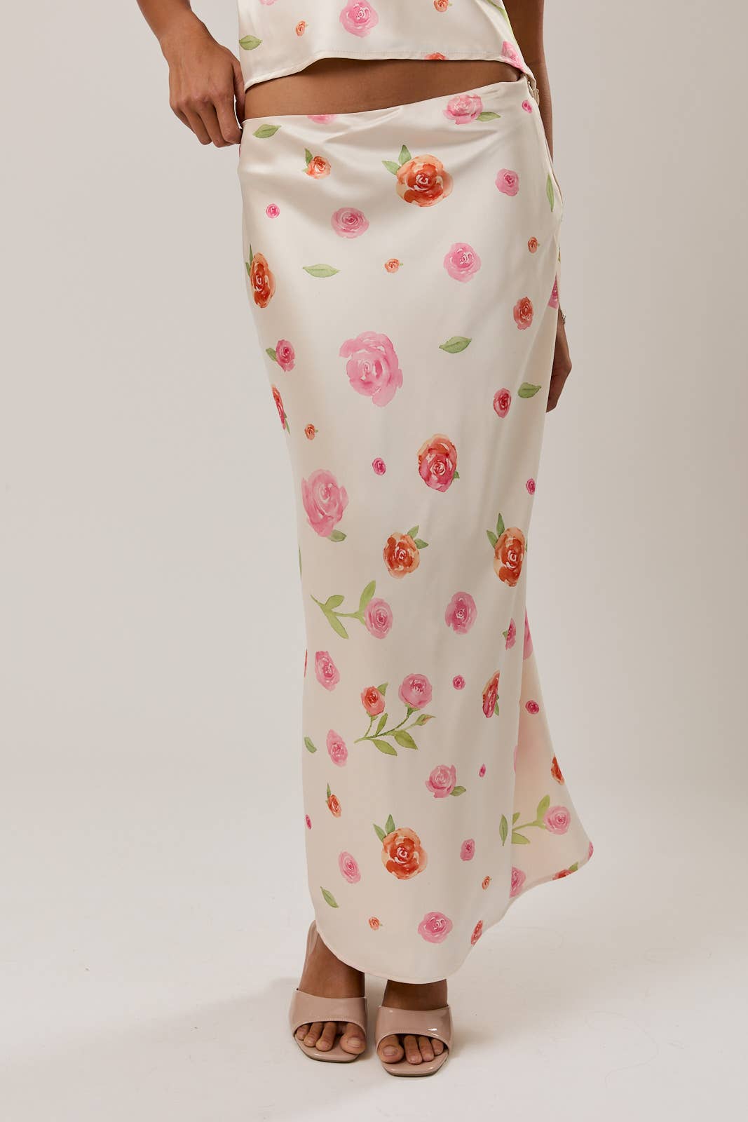 Floral Bias-Cut Midi Skirt – Cream & Rose Floral