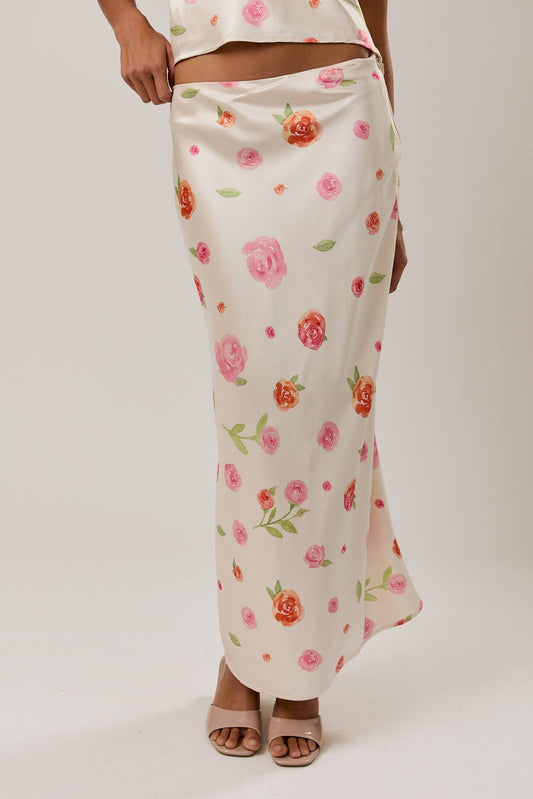 Floral Bias-Cut Midi Skirt – Cream & Rose Floral