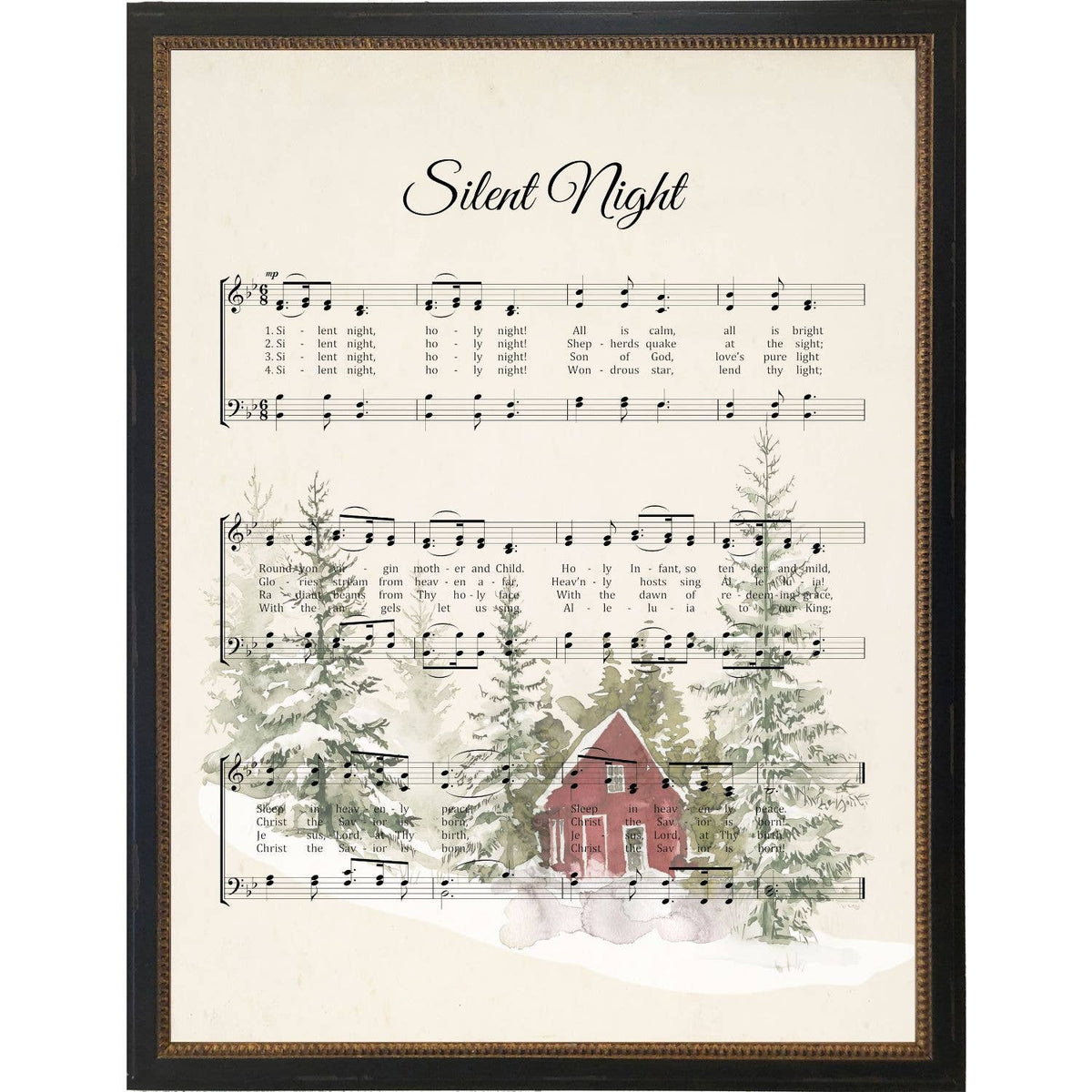 Silent Night hymn with watercolor winter scene