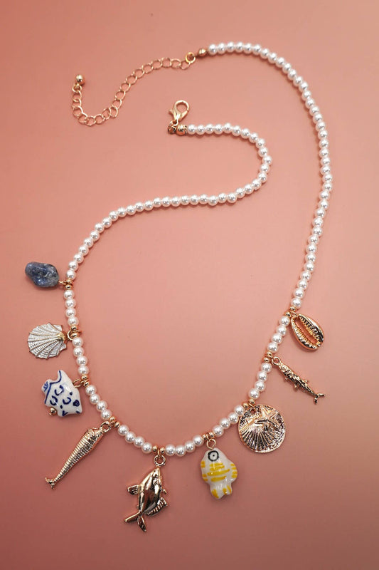 CHARM NECKLACE-PORCELAIN SHELLS FISH NATURAL STONE