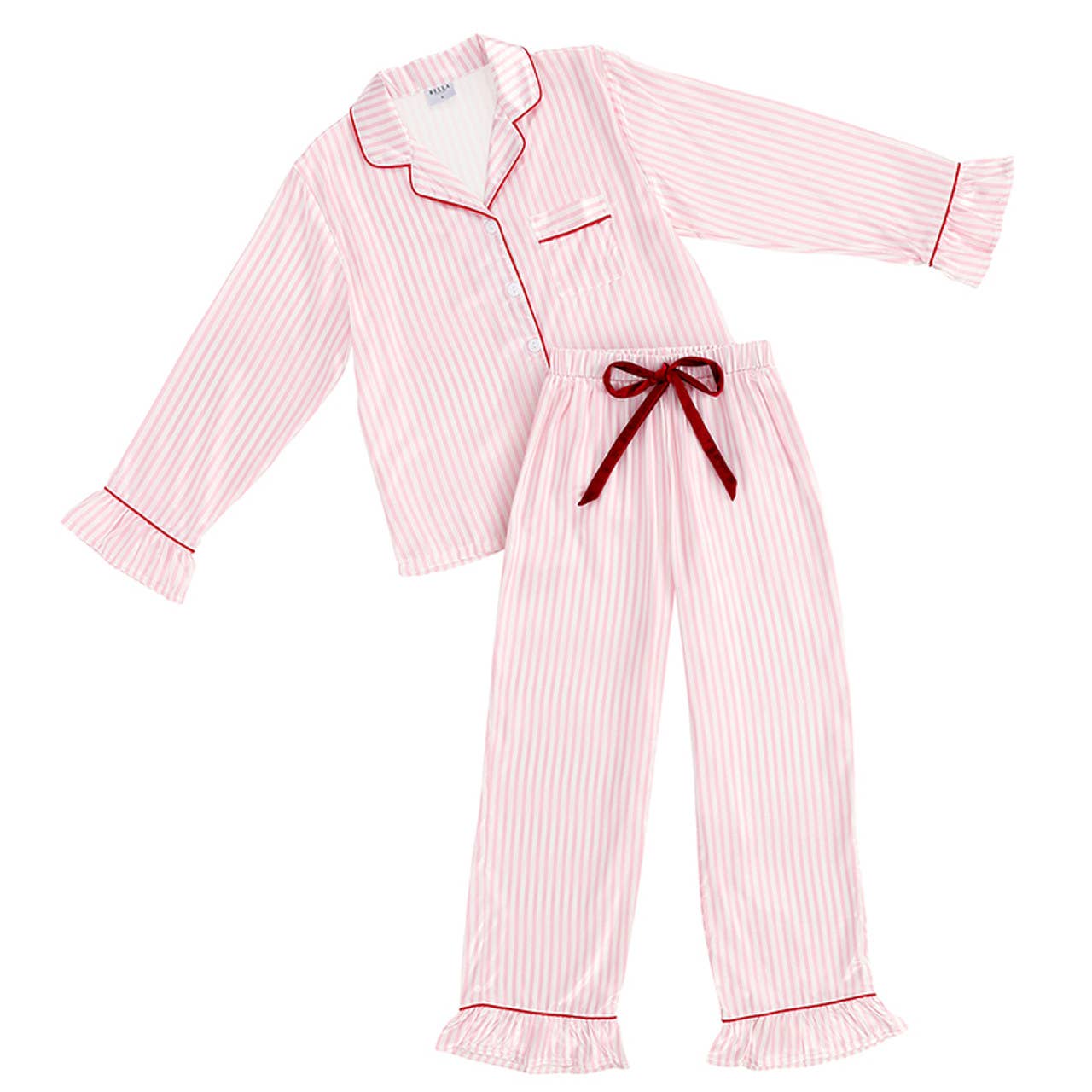 Ruffle PJ Set With Velvet Tie - Pink Stripe
