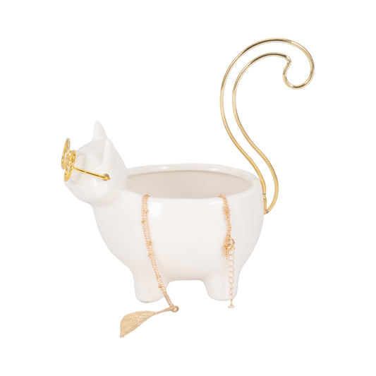 White/Gold 6 in. Ceramic Boho Kitty Trinket Dish