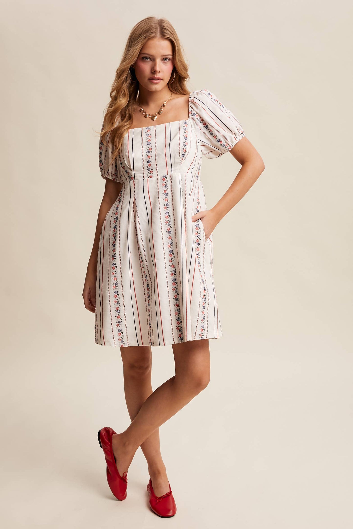 Floral Stripe Puff Sleeve Dress