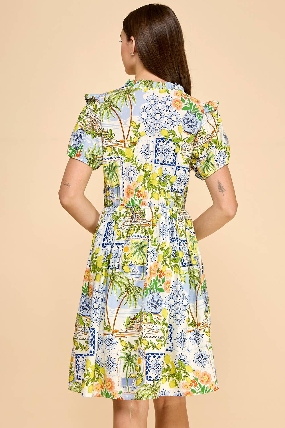 Lemon Tile Print Puff Sleeve Dress with Pockets