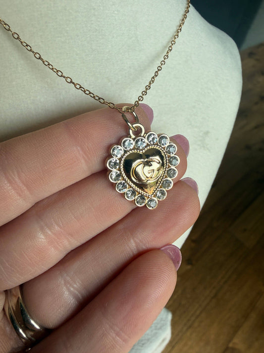 Upcycled Gucci Bling Heart Pendant Necklace #153 - Bling Heart