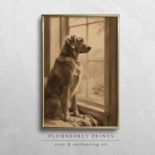Golden Retriever Dog Charcoal Drawing Art Print Poster 7