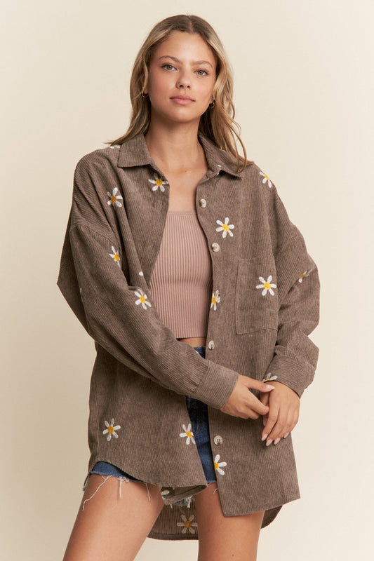 Floral Embroidered Button Down Shacket S-L