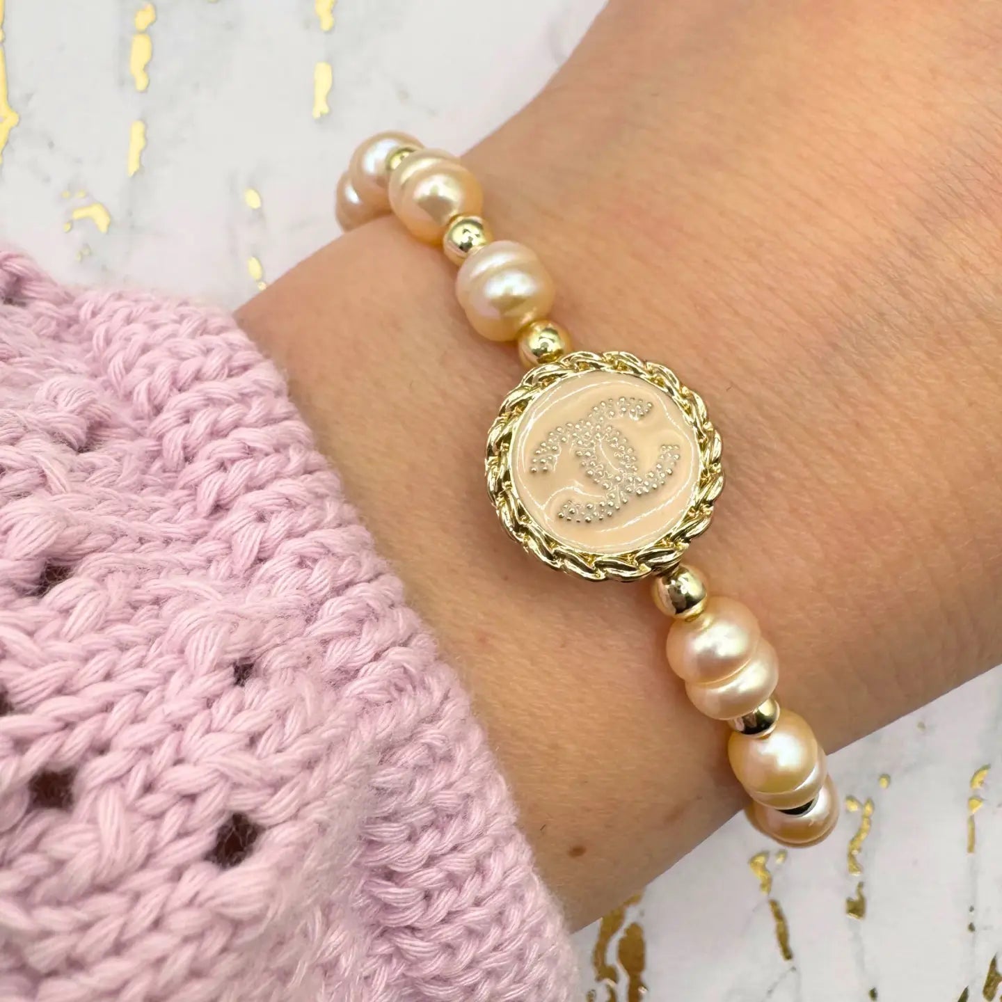 Pink Freshwater Pearls +14K Gold CC Upcycled Bracelet