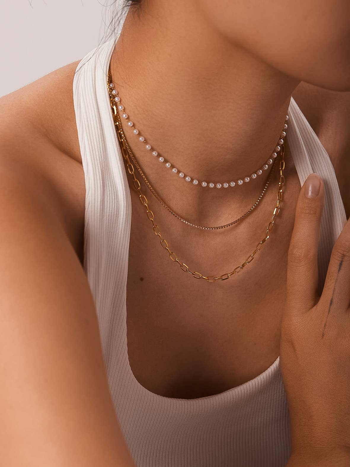 Cadeaux 18K Gold Non-Tarnish Stacked Pearl Chain Necklace