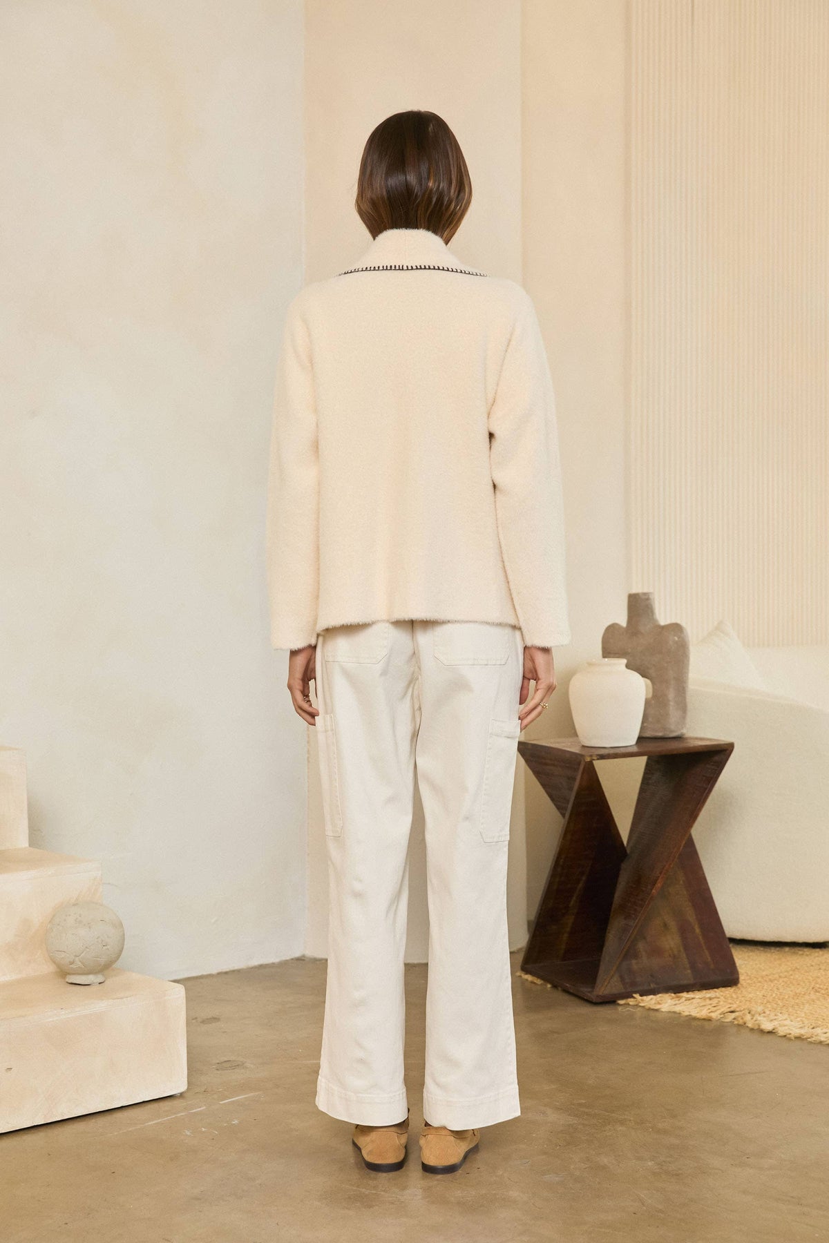 Blanket Stitch Open-Front Knit Cardigan Jacket