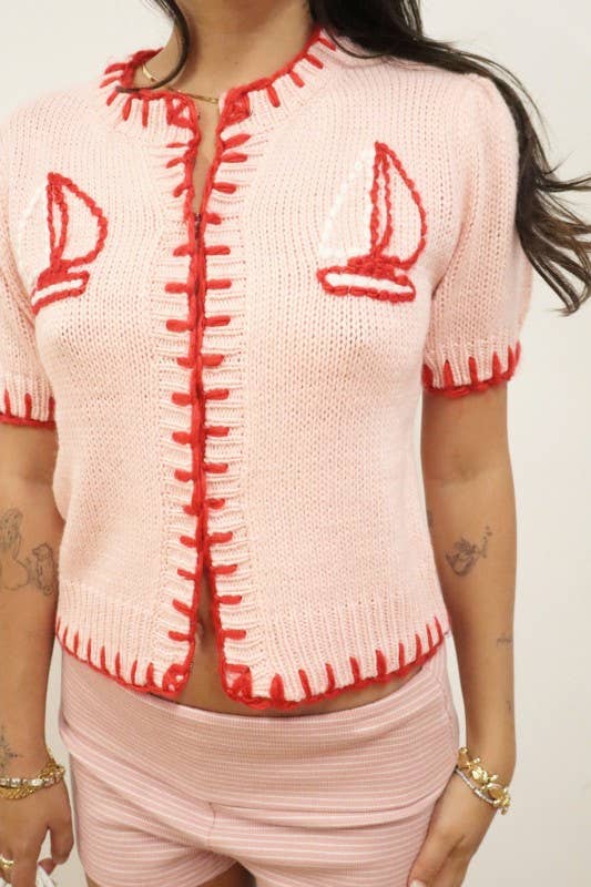 Sailboat Embroidered Short Sleeve Cardigan