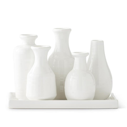 6.25" White Ceramic Vases on Tray
