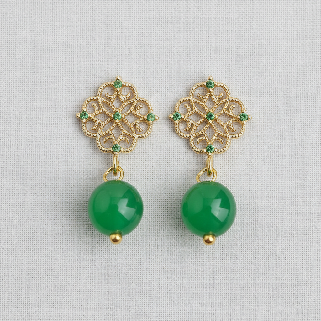 Filigree Green Agate and Zircon Earrings