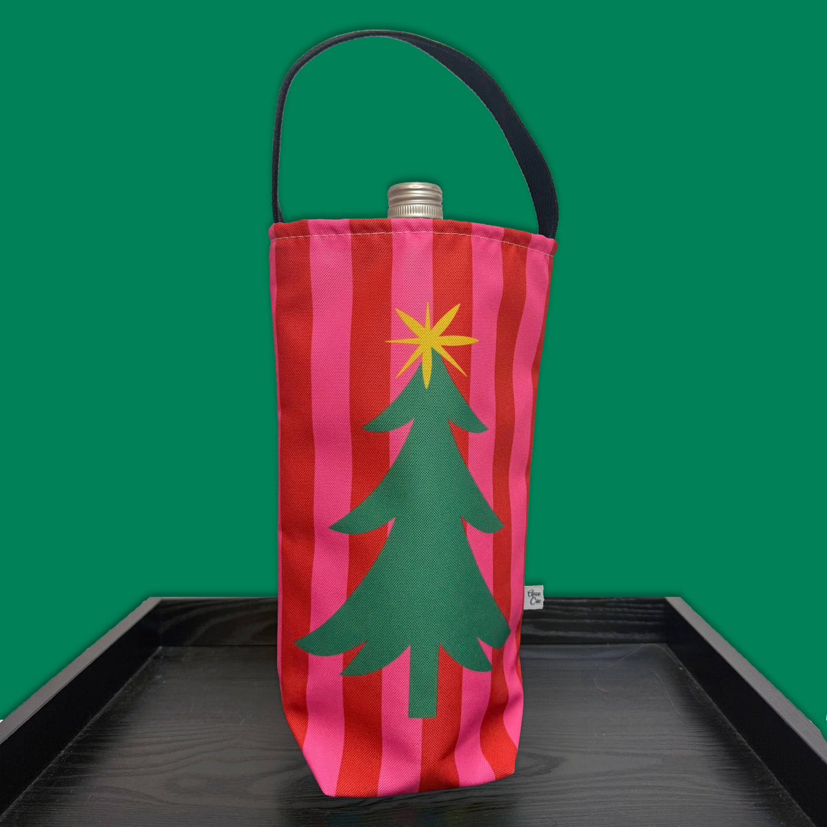 Wine Tote – Tree Cheers Pink Striped Christmas Hostess Gift