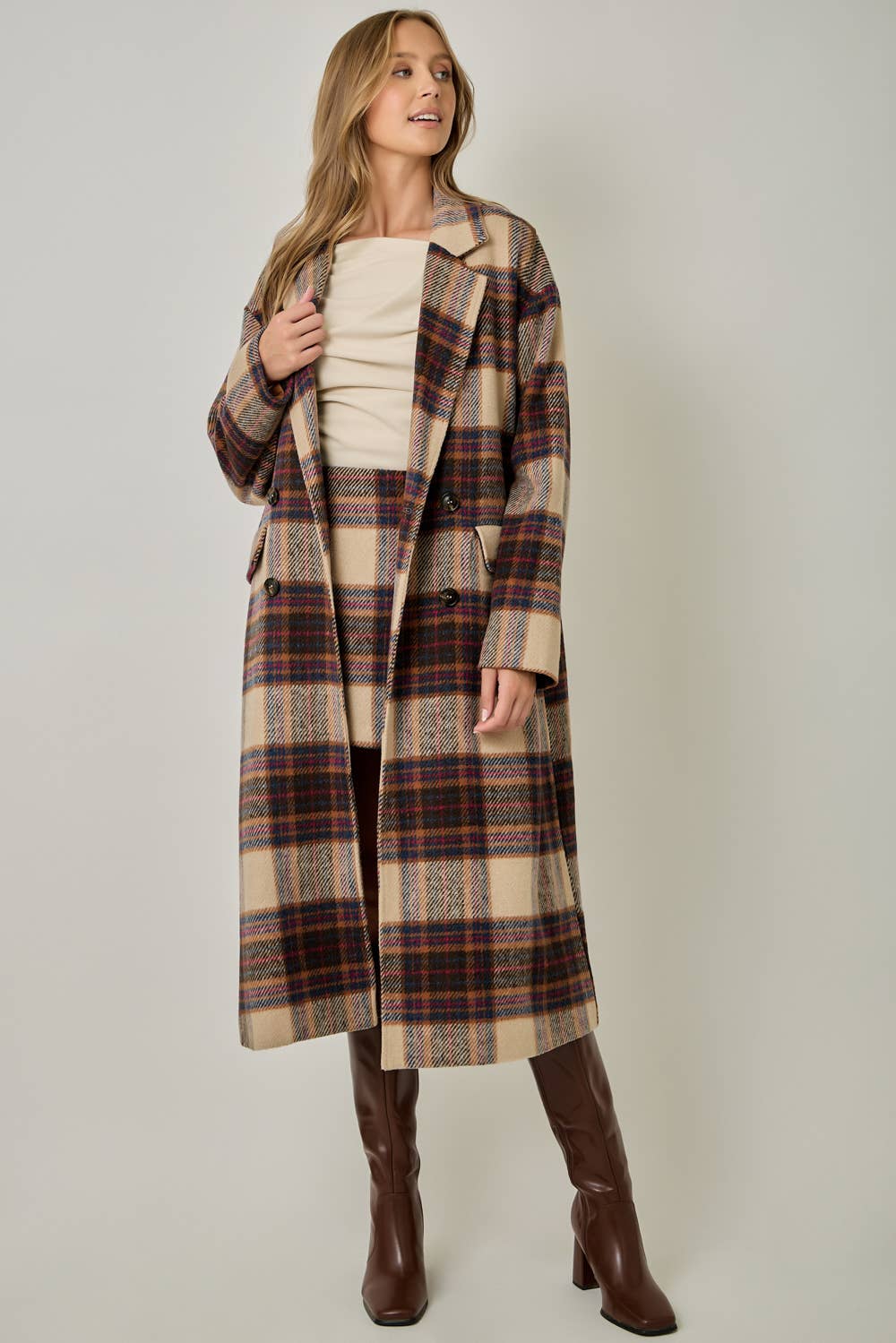 Multi Plaid Wool Blend Long Coat