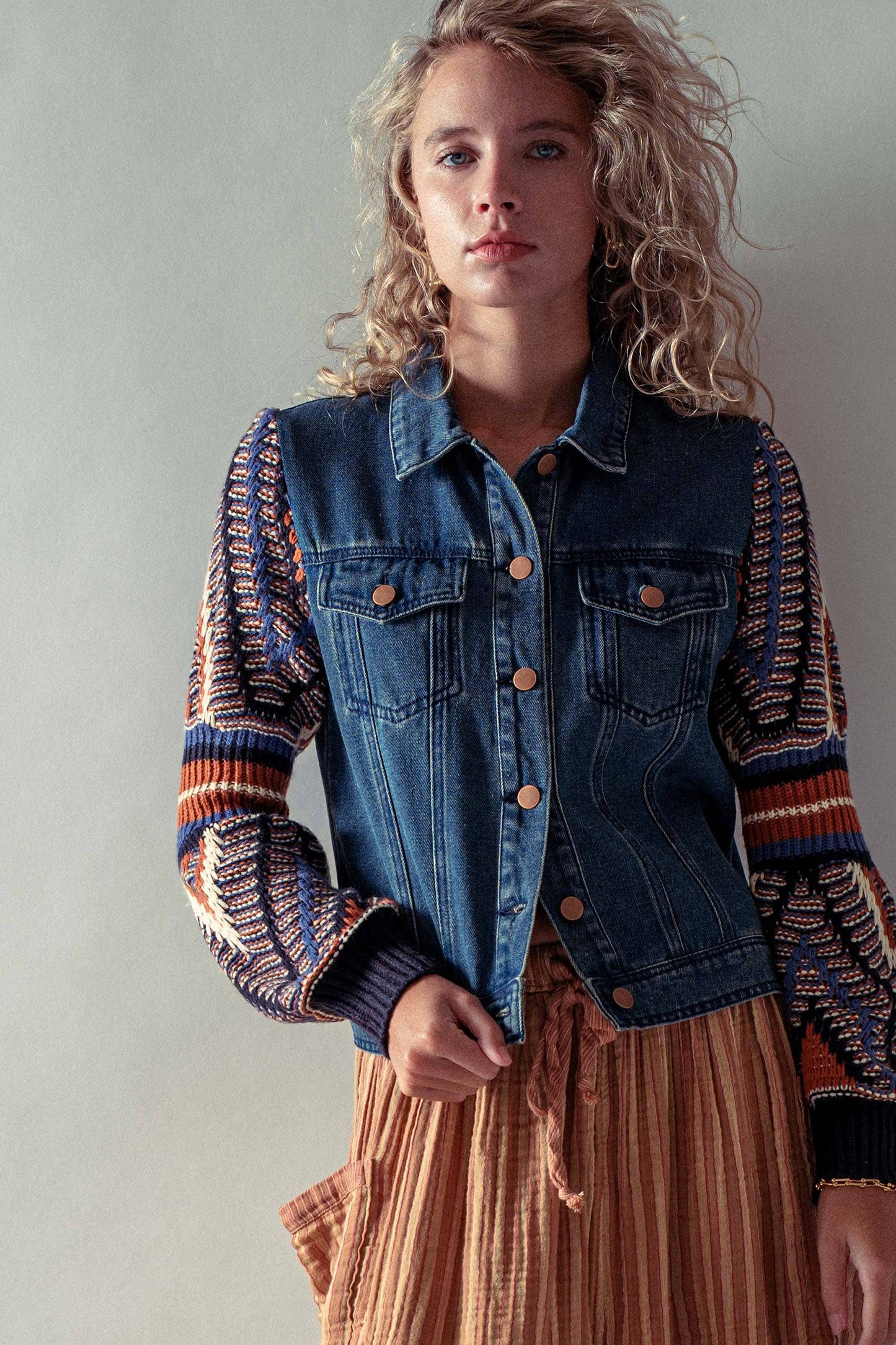 Denim Jacket with Knit Sleeves