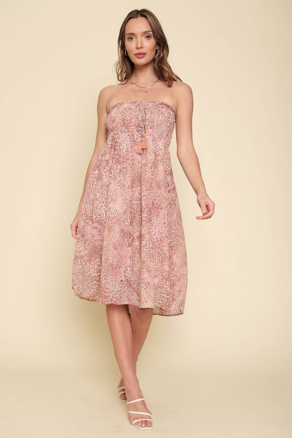 Smocked Waist Animal Print Convertible Midi Skirt - Blush